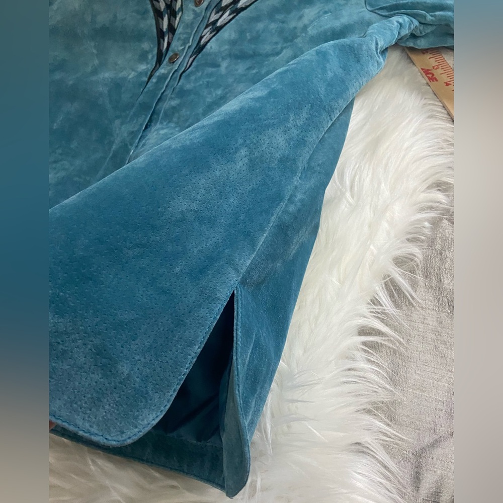 Bob Mackie Wearable Art Sz M Teal Suede Leather Women's Blazer - Picture 6 of 11